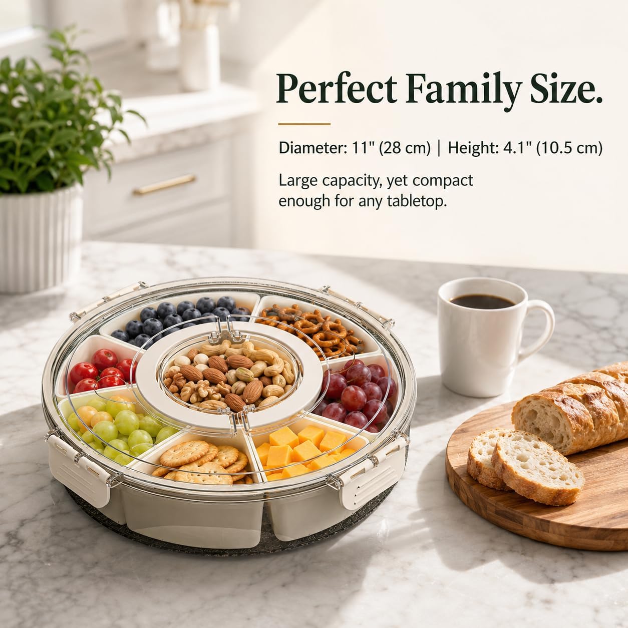 360°Rotating Divided Serving Tray with Clear Lid - BPA-Free Snack Spinner with Removable Compartments - Versatile Snackle Box Container for Parties, Picnics, Taco Night & Meal Prep