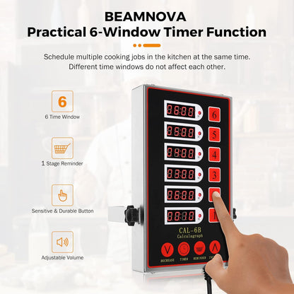 BEAMNOVA 6 Channel Digital Kitchen Timer with Loud Adjustable Alarm, Stainless Steel Commercial Cooking Timer Reminder for Restaurant, Bakery, Multi Dish Cooking & Food Prep, 0-99h Countdown