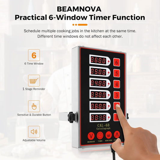 BEAMNOVA 6 Channel Digital Kitchen Timer with Loud Adjustable Alarm, Stainless Steel Commercial Cooking Timer Reminder for Restaurant, Bakery, Multi Dish Cooking & Food Prep, 0-99h Countdown