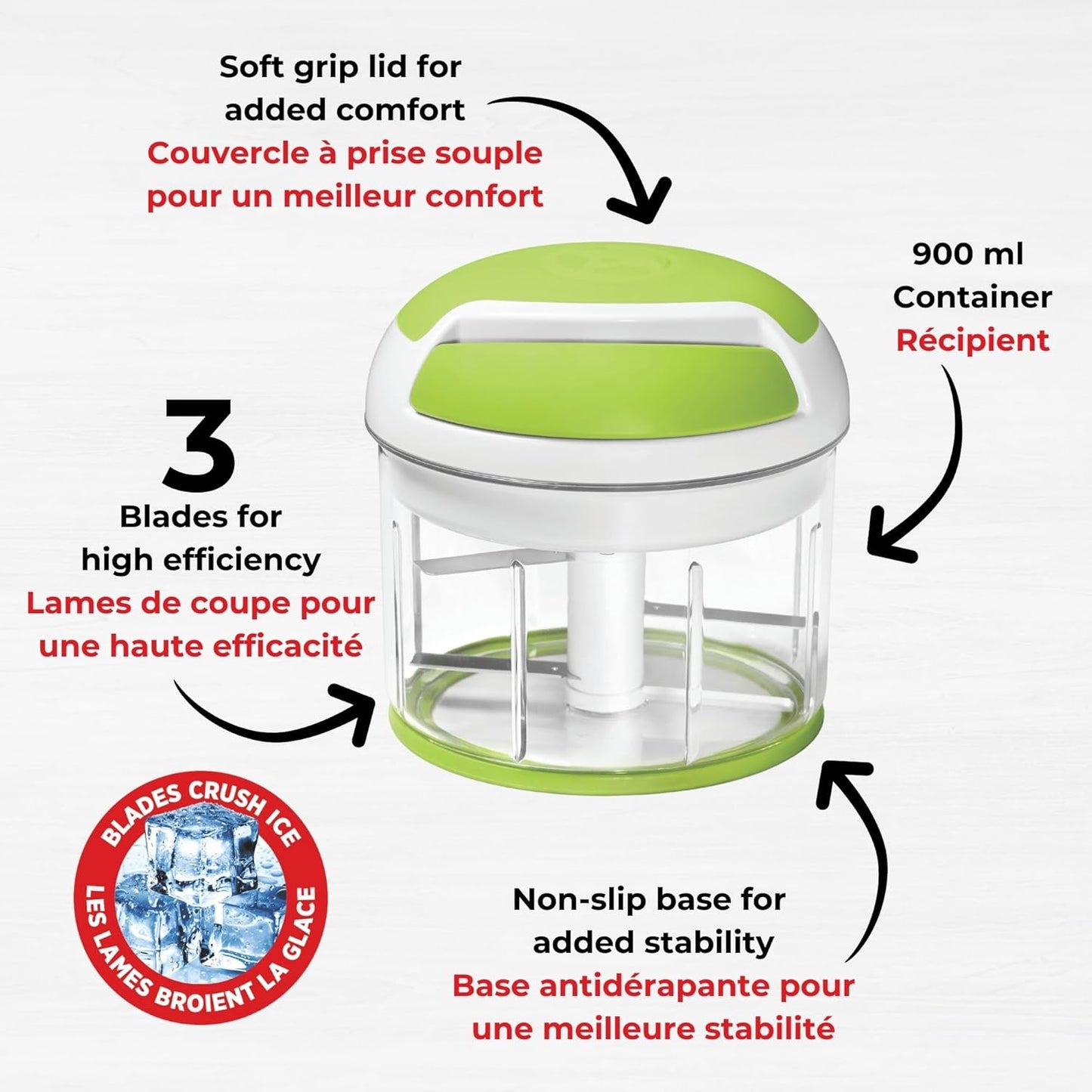 Starfrit Pull Chopper - Multi Purpose Manual Food Processor - Three Blade System for a Faster Cut - From Large Chunks to Purée - Self-Retracting Cord - Fruits, Vegetables, Meats and Crushes Ice