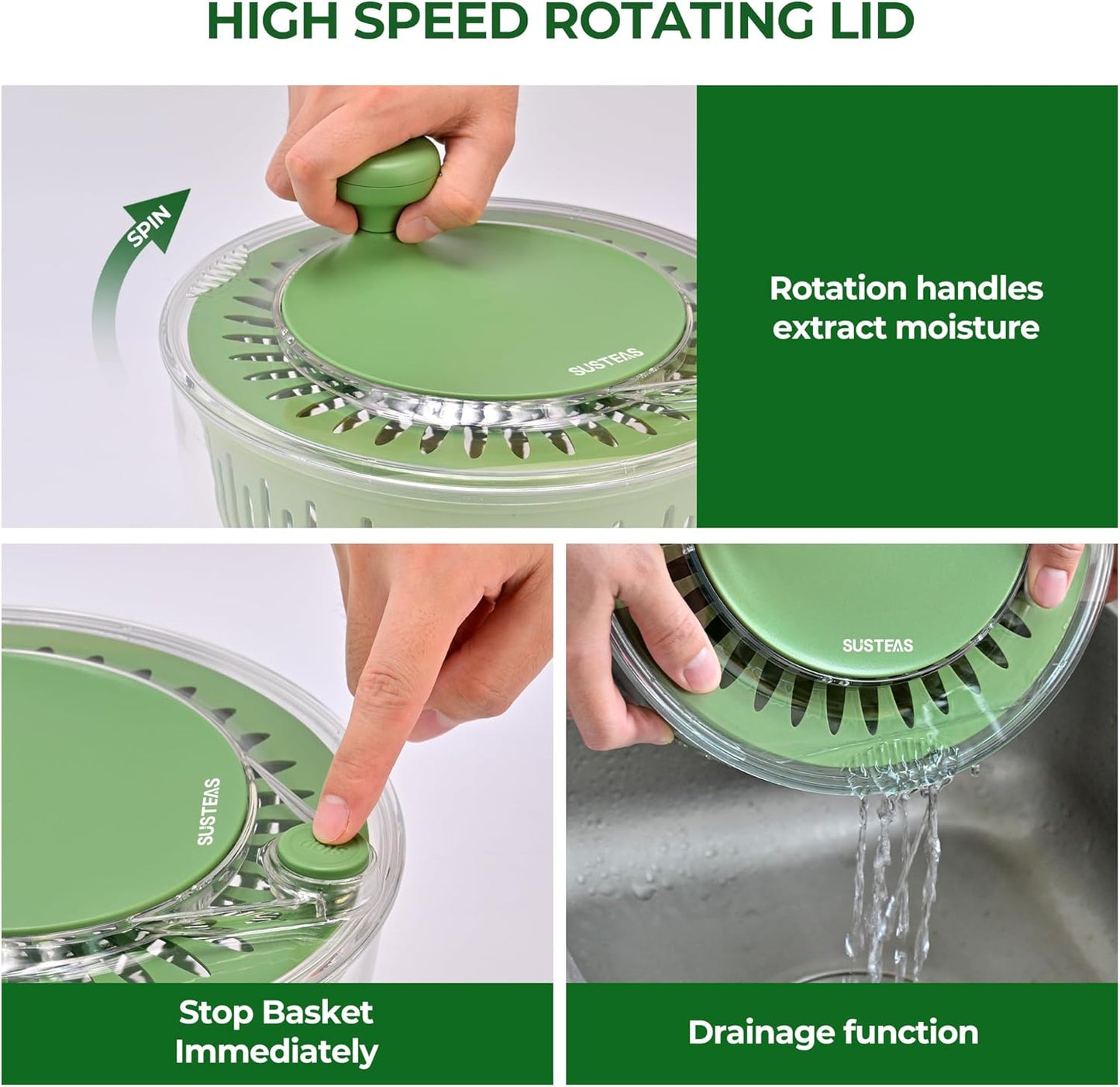 SUSTEAS Stainless Steel Salad Spinner Large, Vegetables Wash Bowl, Fruits & Herb Lettuce Dryer with 5 Blade Slicer Egg Yolk Strainer Shredder for Efficient Salad Preparation and Food Washing, 4.25Qt
