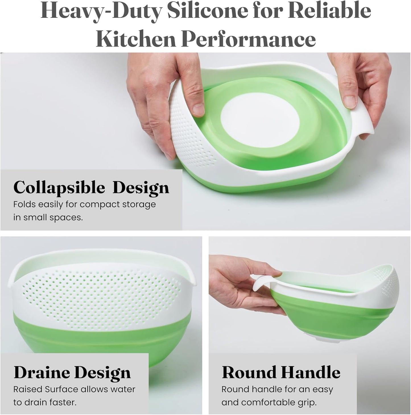 Kitchen Gizmo Collapsible Rice Strainer - Silicone Rice Washer Strainer Bowl - BPA Free - Space Saving Design - Lightweight and Easy to Clean - 9.1 x 7.1in High - Green/Grey