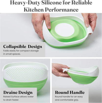 Kitchen Gizmo Collapsible Rice Strainer - Silicone Rice Washer Strainer Bowl - BPA Free - Space Saving Design - Lightweight and Easy to Clean - 9.1 x 7.1in High - Green/Grey