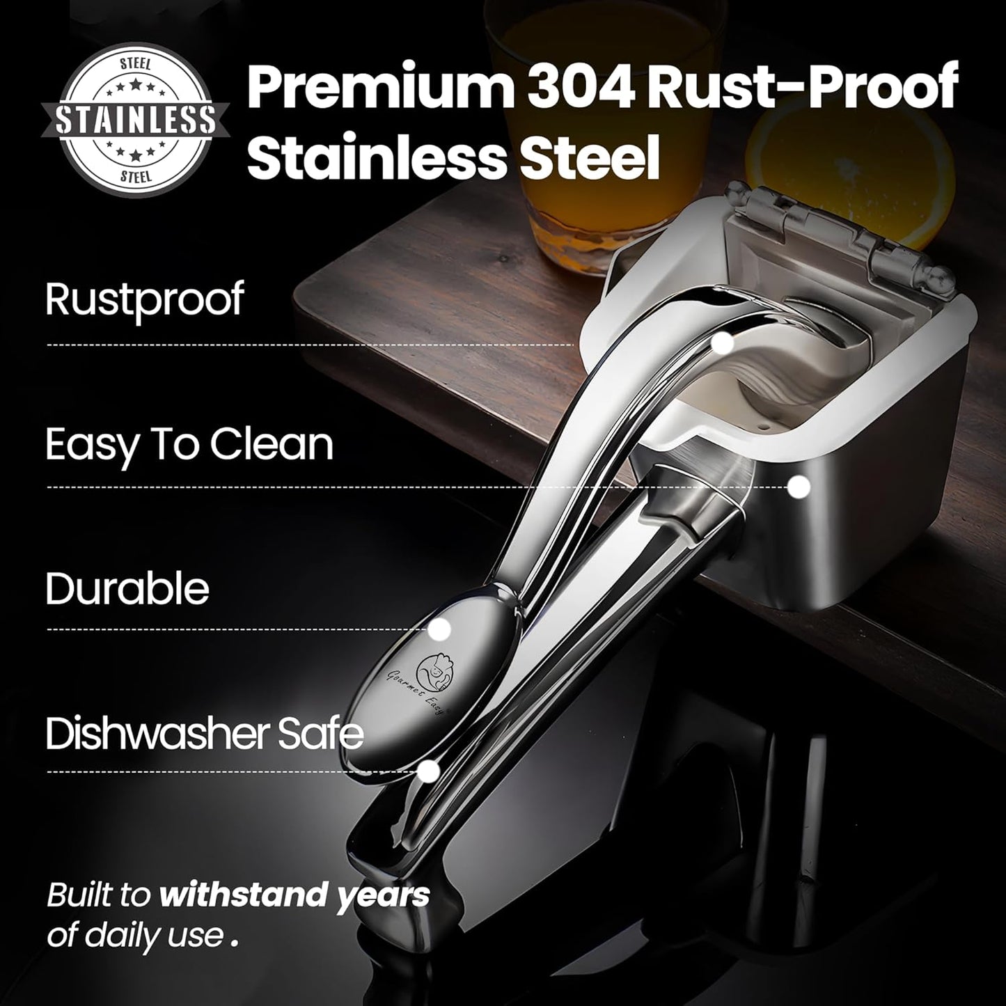 Stainless Steel Lemon Squeezer, Heavy-Duty Orange Juicer, Durable Hand Press Citrus Juicer, Portable Lime Squeezer, Rust-Free, Easy to Clean, Ideal for Kitchen & Bar, 5-Year Warranty