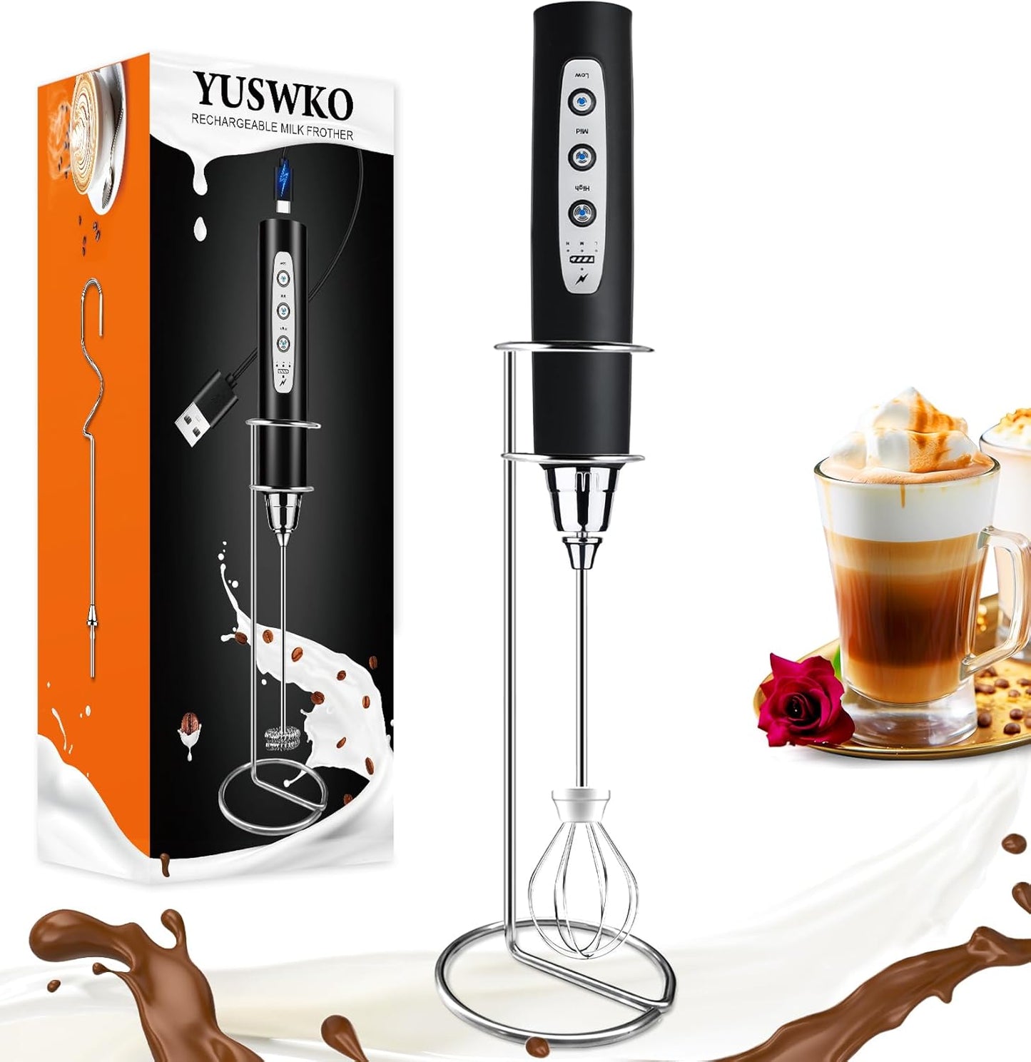 YUSWKO Black Handheld Milk Frother Wand for Coffee, Rechargeable Electric Whisk with 3 Heads 3 Speeds Drink Mixer Coffee Frother For Latte, Cappuccino, Hot Chocolate, Egg
