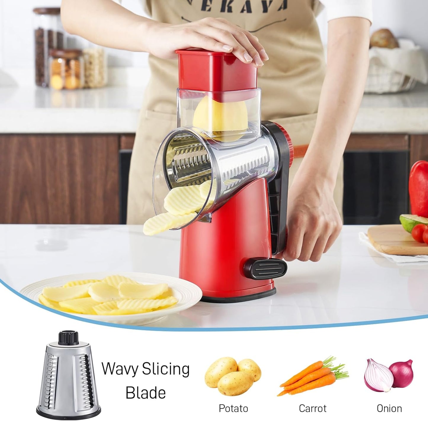 VEKAYA Rotary Cheese Grater Hand Crank with 4 Interchangeable Stainless Steel Blades, Large Manual Handle Shredder and Waffle Slicer for Vegetables, Cheese and Nuts with Table Suction Base(Blue)