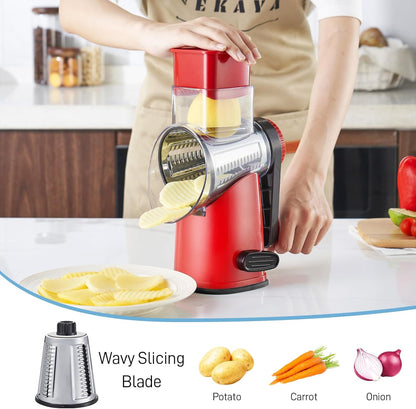 VEKAYA Rotary Cheese Grater Hand Crank with 4 Interchangeable Stainless Steel Blades, Large Manual Handle Shredder and Waffle Slicer for Vegetables, Cheese and Nuts with Table Suction Base(Blue)