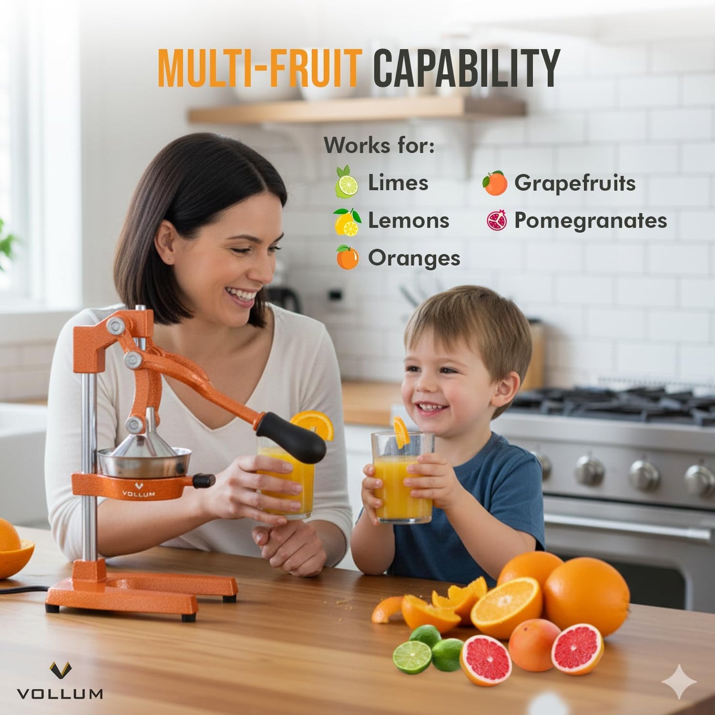 Vollum Hand Press Manual Citrus Juicer - citrus squeezer Commercial Grade Home Orange juice Squeezer for Oranges, Lemons, Limes - Stainless Steel and Cast Iron Non-skid Suction Cup Base- 15 Inch, Gray
