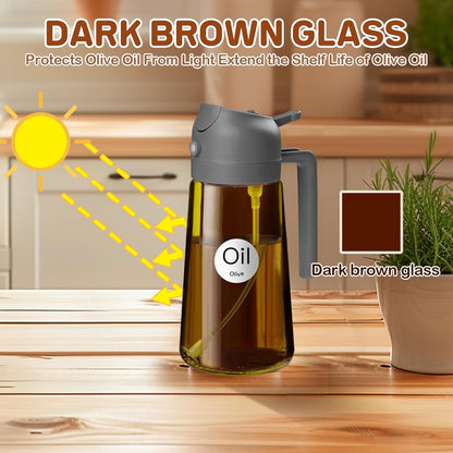 YARRAMATE 16oz/470ml Light Blocking Oil Sprayer for Cooking with Stickers, Food-Grade 2 in 1 Olive Oil Dispenser Bottle for Kitchen, Premium Dark Amber Glass Oil Bottle for Air Fryer, BBQ (Black)