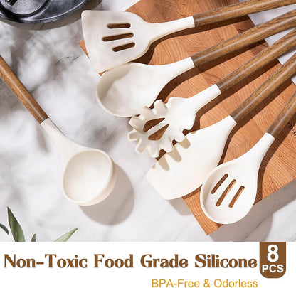 Silicone Cooking Utensil Set, Umite Chef 8-Piece Kitchen Utensils Set with Natural Acacia Wooden Handles,Food-Grade-Silicone Kitchen Gadgets Spatulas Set for Nonstick Cookware- Black
