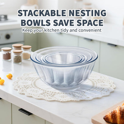 Luvan Glass Mixing Bowls with Lids Set(4.5QT, 2.7QT, 1.1QT)-Large Glass Mixing Bowls, Clear Salad Bowl for Baking, Cooking, Serving, Food Prep, 3PC Nesting Bowls for Kitchen Storage & Dishwasher Safe
