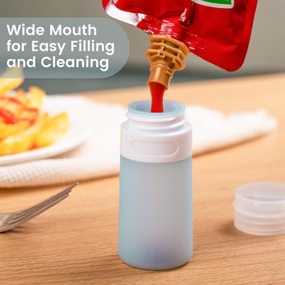 MICEBAY Condiment Squeeze Bottles for Sauces, 2-oz Mini Silicone Salad Dressing Container to Go with Reusable Sandwich Bag, Leakproof Ketchup Bottle for Bento Lunch Box, 4 Pack, Candies