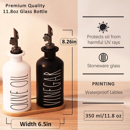 HOMCDALY Premium Olive Oil Dispenser for Kitchen, 11.8oz Glass Oil Bottles with Bamboo Tray, White and Gold Oil&Vinegar Cruet Set, Kitchen Dispenser Bottles with Pourer| Set of 2 (11.8oz –P–Gold)