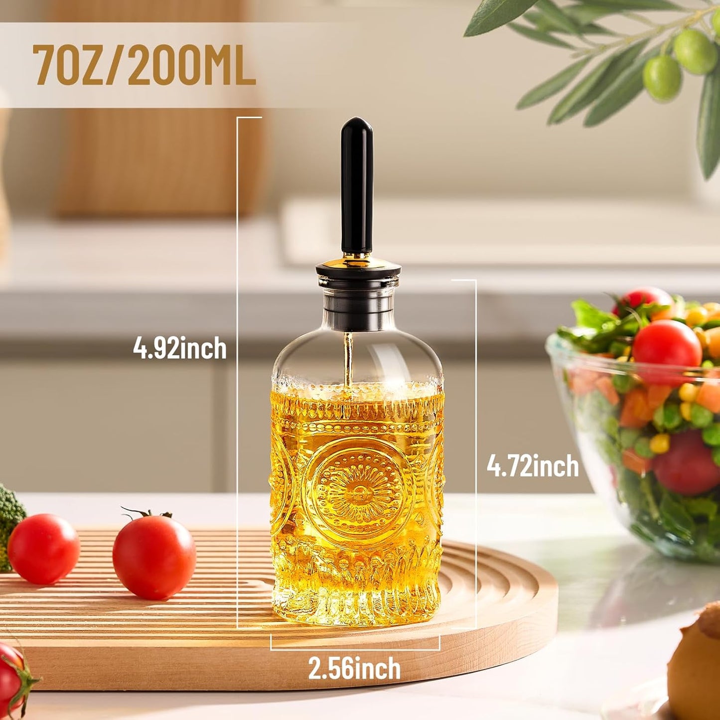 Baalaka Glass Oil Bottles 7OZ, Olive Oil Dispenser Bottle for Kitchen with Metal Spout, Elegant Glass Cooking Dispenser for Kitchen