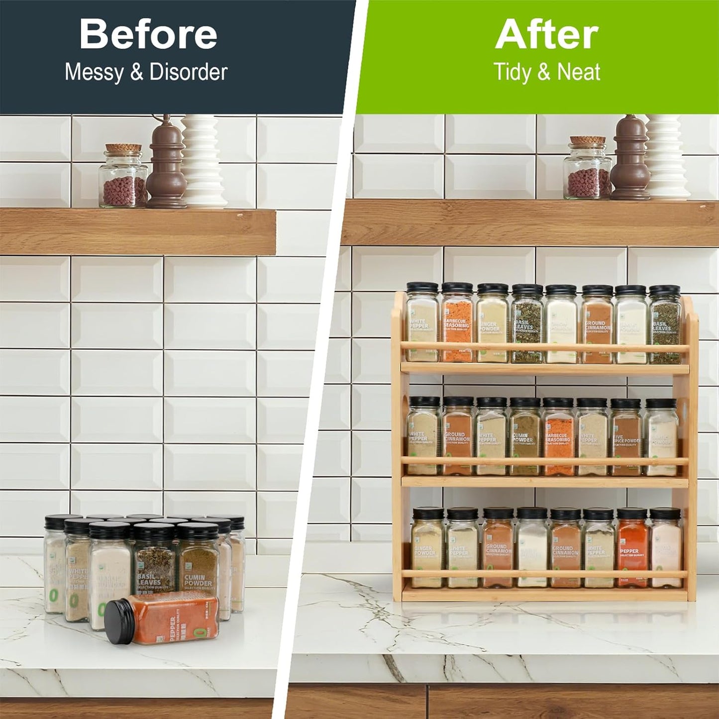 3 Tier Bamboo Spice Rack, Spice Rack Organizer, Seasoning Jars Rack Shelf Spice Organizer for Kitchen Counter or Wall Mounting, Spice Storage Holder with handles, Jars Not Included,Natural