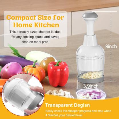 Food Chopper with Container – Manual Onion & Vegetable Chopper, 360° Stainless Steel Blades, Handheld Garlic Nut Veggie Cutter, Dishwasher Safe, Easy to Clean, White