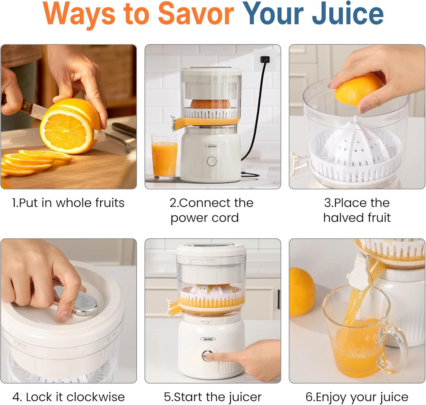 Sunvivi Electric Citrus Juicer, 90W Automatic Juice Squeezer with High-Speed 15,000 RPM, Ideal for Orange, Lemon, and Soft Fruits, Compact and Easy to Clean, Includes Cleaning Brush, White