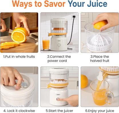 Sunvivi Electric Citrus Juicer, 90W Automatic Juice Squeezer with High-Speed 15,000 RPM, Ideal for Orange, Lemon, and Soft Fruits, Compact and Easy to Clean, Includes Cleaning Brush, White