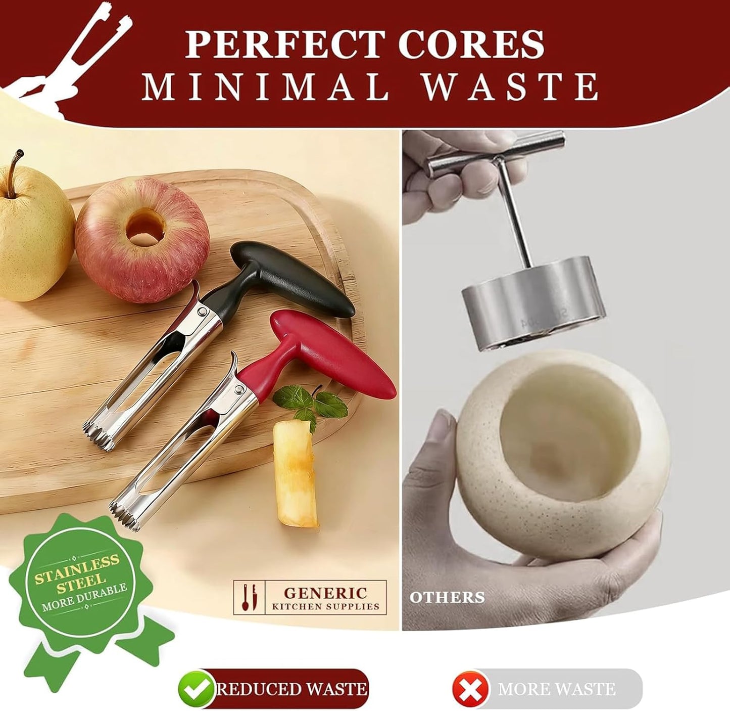 Apple Corer Tool, Stainless Steel Apple Corer Remover, Apple Core Remover, 2-in-1 Apple Corer and Slicer with Easy Push Core Release, Ergonomic Non-Slip Handle, Dishwasher Safe