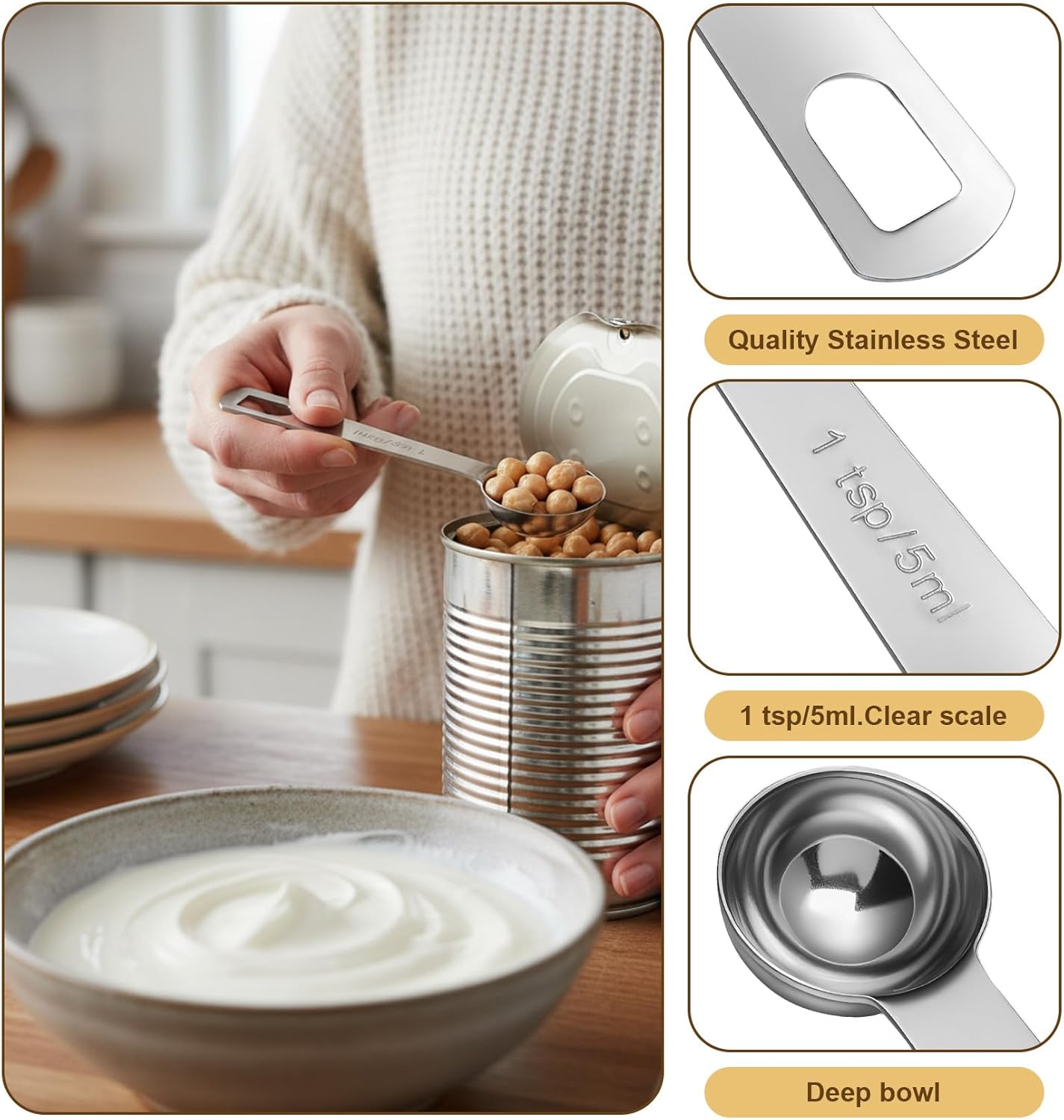 3PCS Teaspoon Measuring Spoon, Short Handle Stainless Steel 1 Teaspoons Measuring Spoon, Precise Scoop for Cooking Baking Spices, Rust Resistant Easy Clean Kitchen Tool, 5ml