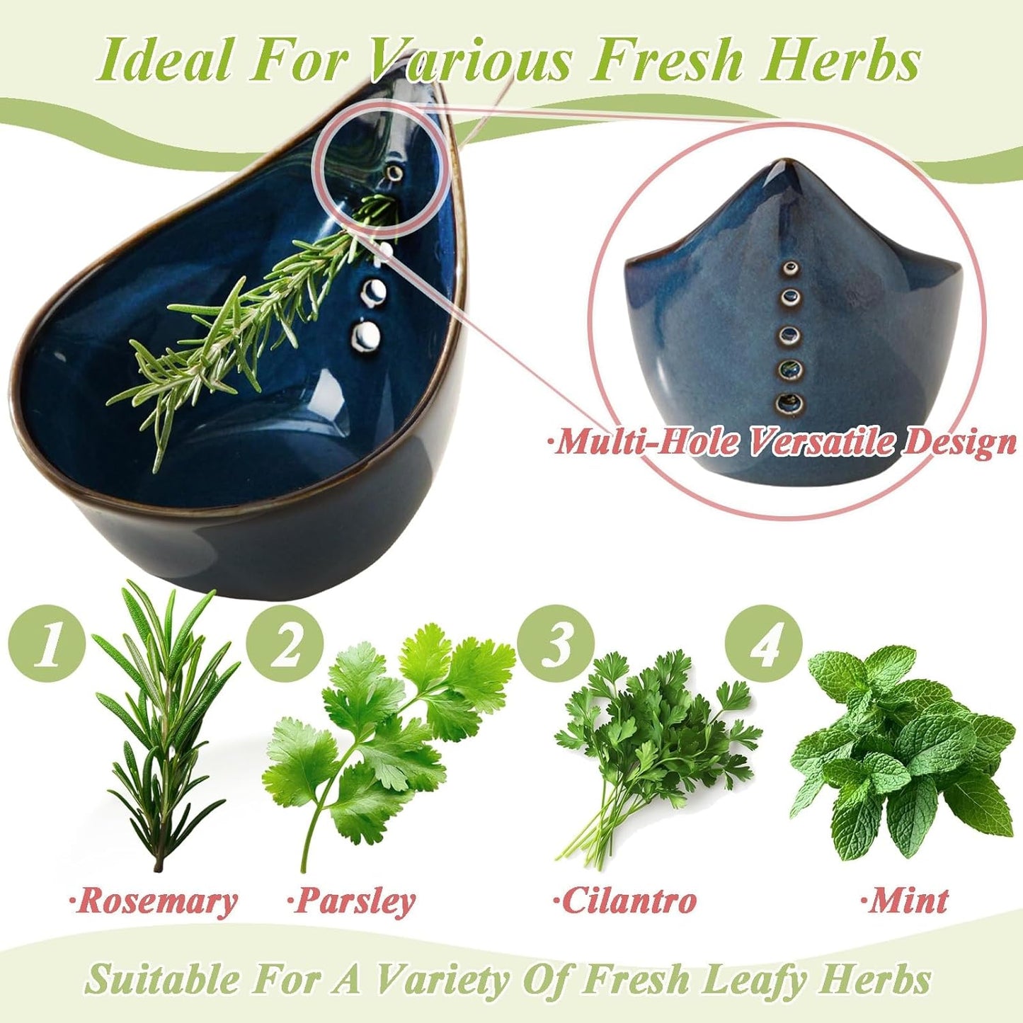 Pottery Herb Stripper Bowl, Teardrop Shaped Ceramic Herb Stripper, Handmade Leaf Remover with Different Sized Round Holes for Parsley, Cilantro, Rosemary & Salad Cooking(Blue)