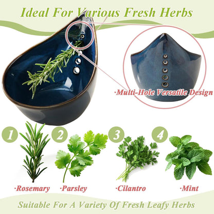 Pottery Herb Stripper Bowl, Teardrop Shaped Ceramic Herb Stripper, Handmade Leaf Remover with Different Sized Round Holes for Parsley, Cilantro, Rosemary & Salad Cooking(Blue)