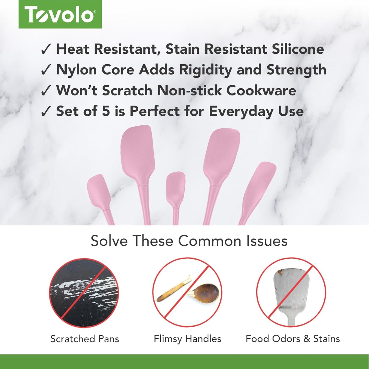 Tovolo Stainless Steel Handled Silicone Spatula Set of 5 White, Dishwasher Safe Kitchen Spatula Set for Cooking Baking, Non Toxic BPA Free Silicone Spatula set with Metal Steel Handle