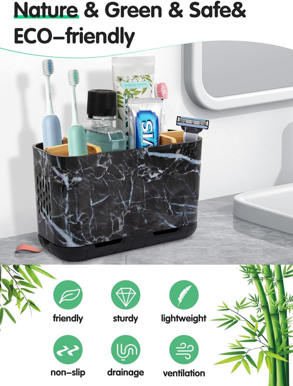 GFWARE Toothbrush Holders for Bathrooms, 5 Slots Bamboo Toothbrush Holder Kids Electric Toothbrush Holder and Toothpaste Holder for Bathroom Countertop Accessories Storage, Marble Toothbrush Organizer