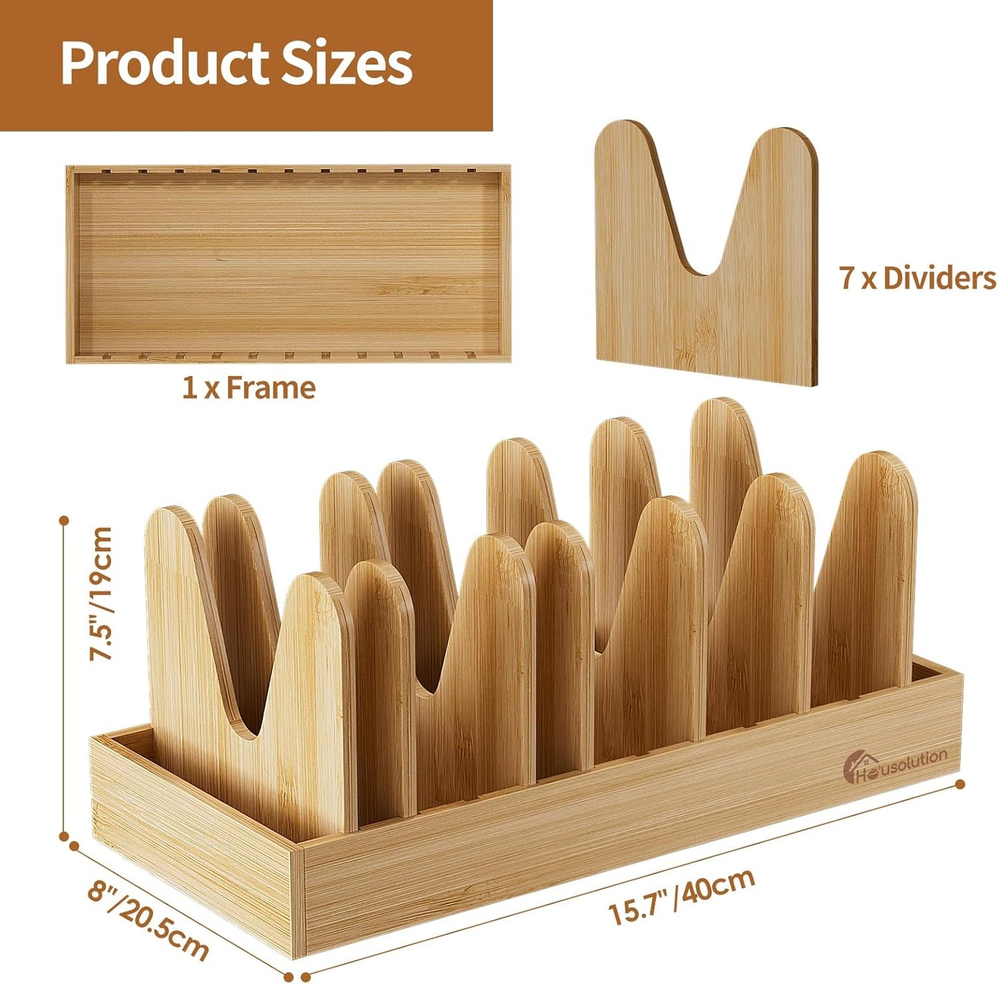 Housolution Bamboo Pot and Pan Organizer for Cabinet, 15"-29" Expandable Pot Lid Organizer with 10 Adjustable Dividers, Wooden Pan Holder Storage Rack, Fully Expanded Size 29.5" W x 8" D x 7.5" H