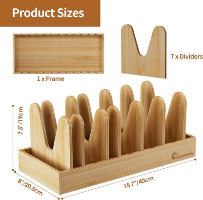 Housolution Bamboo Pot and Pan Organizer for Cabinet, 15"-29" Expandable Pot Lid Organizer with 10 Adjustable Dividers, Wooden Pan Holder Storage Rack, Fully Expanded Size 29.5" W x 8" D x 7.5" H