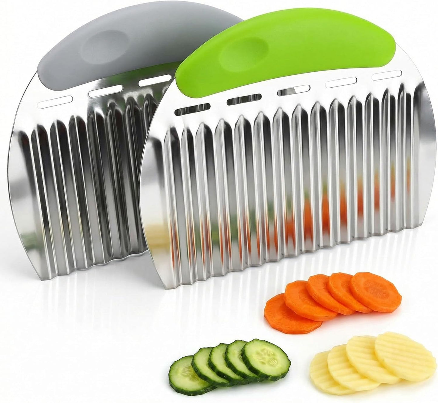 2 Pcs Stainless Steel Crinkle Chopper & French Fry Cutter Heavy Duty Wavy Potato Slicer for Vegetables Fruits Cheese Kitchen Gadget Vegetable Chopping Tool (Black & Yellow)