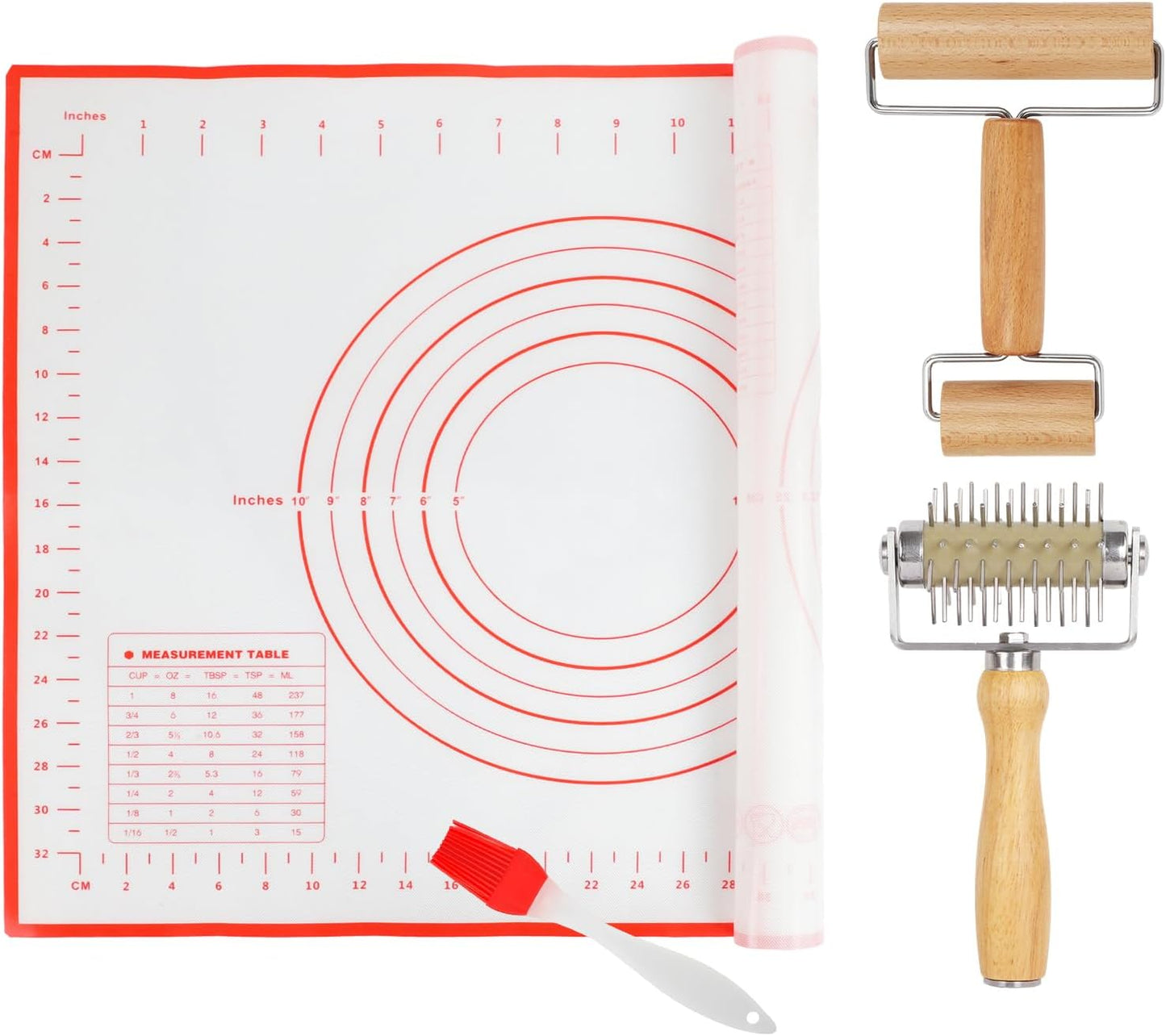 4Pcs Pizza Baking Tool Kit with Dough Docker, Non-Slip Silicone Baking Mat & Wooden Rolling Pin – Essential Tools for Pizza, Pie, Pastry, Bread and Cookies