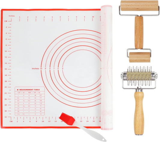 4Pcs Pizza Baking Tool Kit with Dough Docker, Non-Slip Silicone Baking Mat & Wooden Rolling Pin – Essential Tools for Pizza, Pie, Pastry, Bread and Cookies