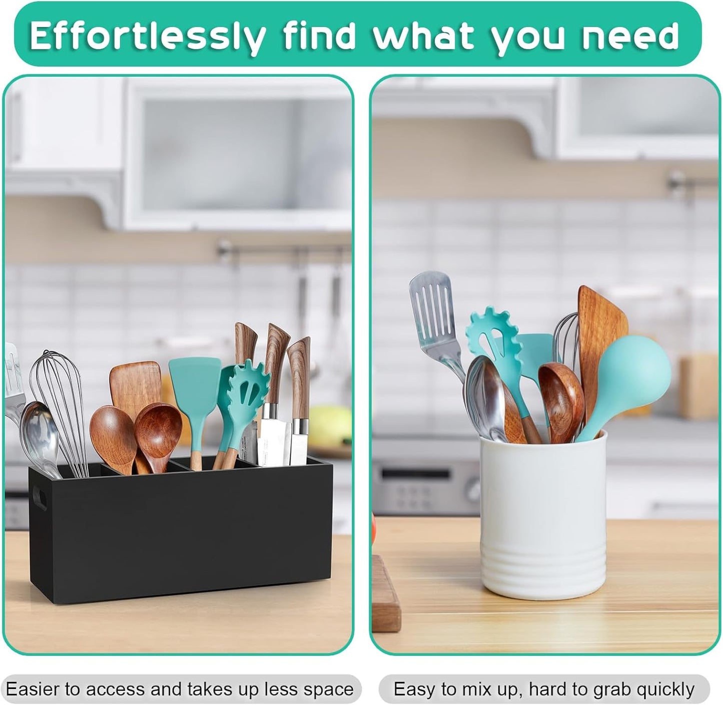 ALELION Black Kitchen Utensil Holder for Countertop - Wooden Large Utensil Caddy Organizer for Counter - 3 Compartment Cooking Utensil Crock for Silverware Spoon Spatula