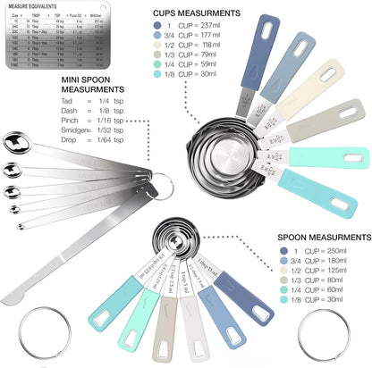 CuttleLab 22-Piece Stainless Steel Measuring Cups and Spoons Set, Tad Dash Pinch Smidgen Drop Mini Measuring Spoons, Measuring Stick Leveler, Measurement Conversion Chart Fridge Magnet, (Country Chic)
