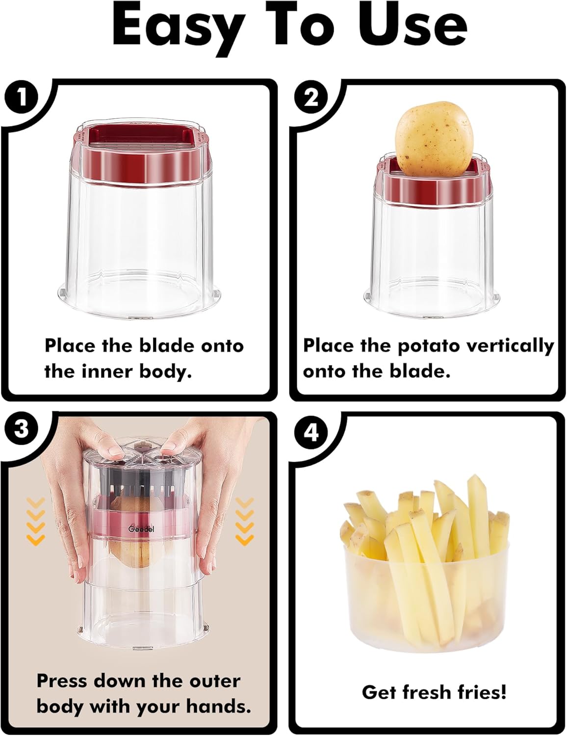 French Fry Cutter, Professional Home Style Onion Chopper, Vegetable Chopper Dicer Manual, Easy to Clean, Ultra Sharp Blades Thick-Strip Fry Cutter Apple Slicer and Corer, 3 Blades
