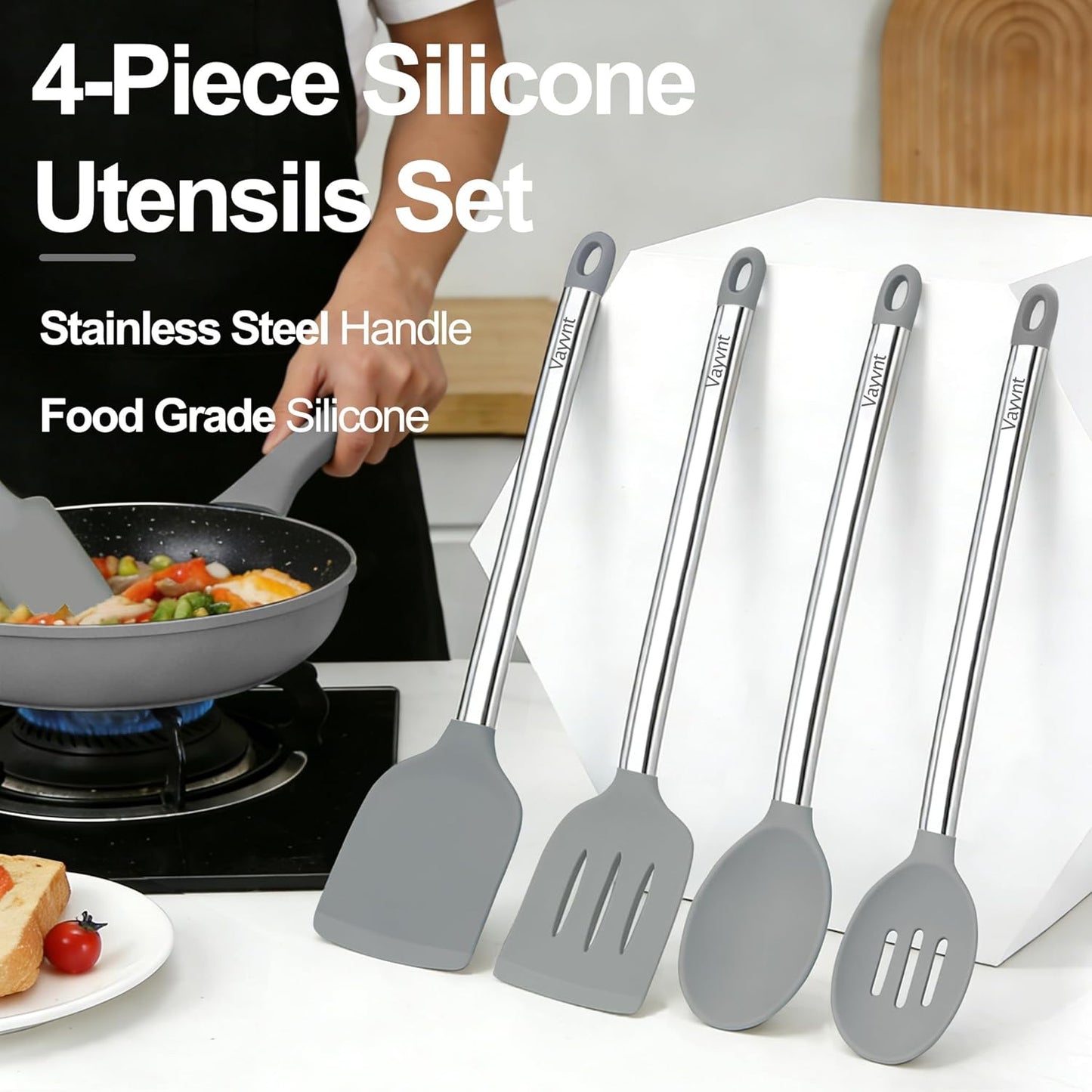 Vayvnt 4PCS Kitchen Utensils Set, Heat Resistant Silicone Utensils Set for Cooking, Non Scratch Spatula Spoons for Non Stick Pan, Large Kitchen Cooking Tools, Metal Long Handle&Dishwasher Safe, Blue