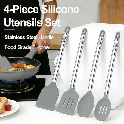 Vayvnt 4PCS Kitchen Utensils Set, Heat Resistant Silicone Utensils Set for Cooking, Non Scratch Spatula Spoons for Non Stick Pan, Large Kitchen Cooking Tools, Metal Long Handle&Dishwasher Safe, Blue