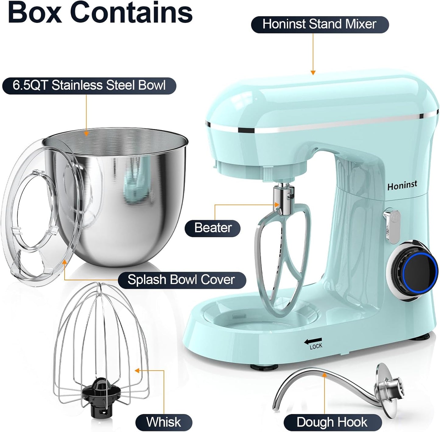 Honinst Stand Mixer, 6.5QT 10-Speed Tilt-Head Electric Stand Mixer, 3-In-1 Kitchen Mixer with Bowl, Dough Hook, Whisk and Beater, Food Mixer for Baking, Cake and Most Home Cooks, Black