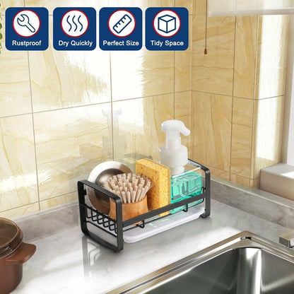 HULISEN Kitchen Sink Sponge Holder, 304 Stainless Steel Kitchen Soap Dispenser Caddy Organizer, Countertop Soap Dish Rack Drainer with Removable Drain Tray, not Including Dispenser and Brush