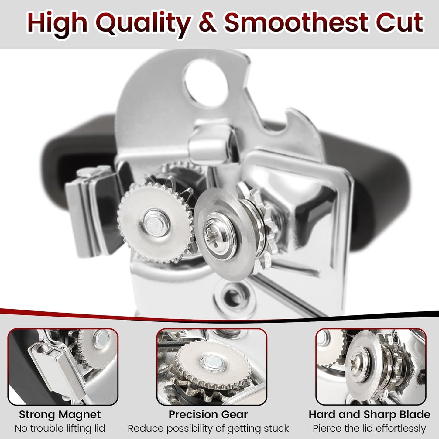 Manual Can Opener Smooth Edge with Magnet, Vayvnt Stainless Steel Handheld Strong Can Bottle Opener, Extra Shape Cutting Blade&Large Turn Knob, Multifunctional 4 In 1 Kitchen Tool for Seniors, Red