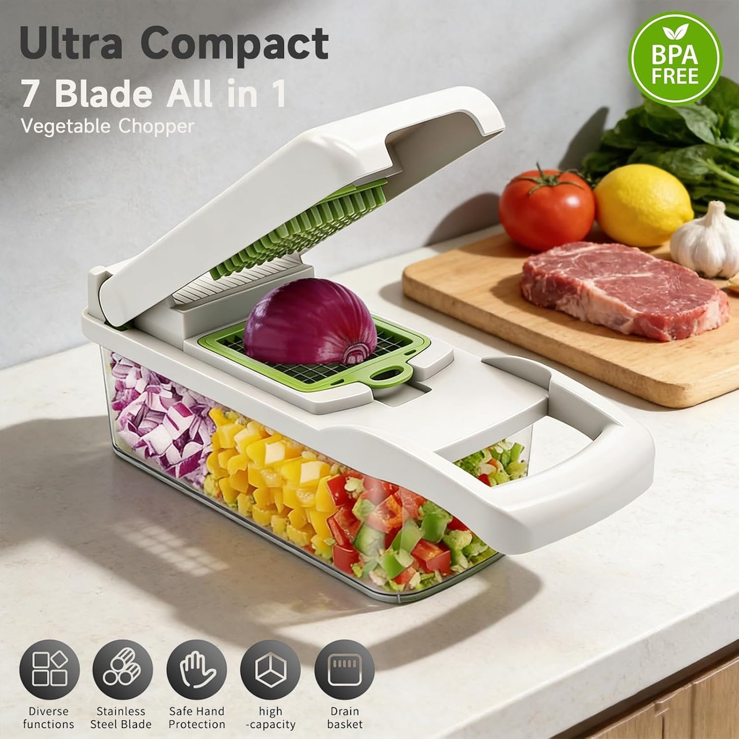 Vegetable Chopper Mandoline Slicer, 15 in 1 Food Veggie Chopper for Onion, Veggie, Cheese Grater, Vegetables Cutter With Large Container, Kitchen Gadgets (White)