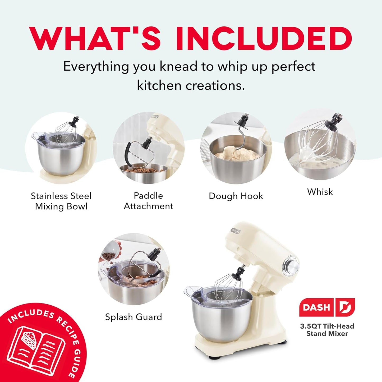 Dash 3.5QT Tilt-Head Stand Mixer - Electric Stand Mixer with Stainless Steel Bowl and Splash Guard For Baking - Cream, 3.5-Quart