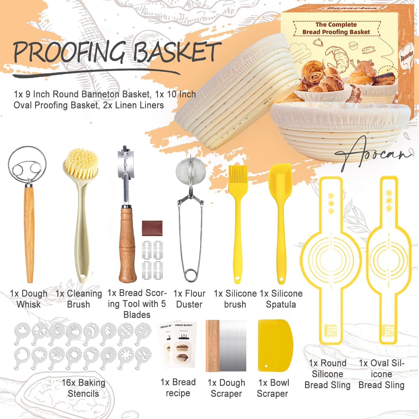 Aoocan Sourdough Starter Kit for Beginners, Bread Baking Supplies & Bread Making Tools – 9 Inch Round & 10 Inch Oval Banneton Bread Proofing Basket Set with Dough Whisk, Lame, Scraper & Brush