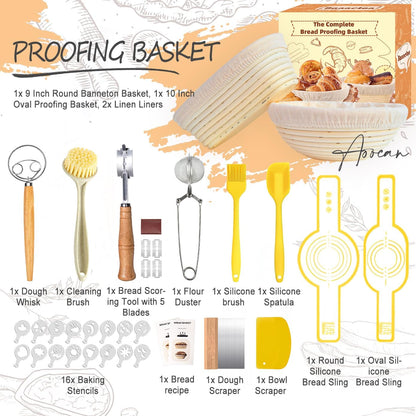 Aoocan Sourdough Starter Kit for Beginners, Bread Baking Supplies & Bread Making Tools – 9 Inch Round & 10 Inch Oval Banneton Bread Proofing Basket Set with Dough Whisk, Lame, Scraper & Brush
