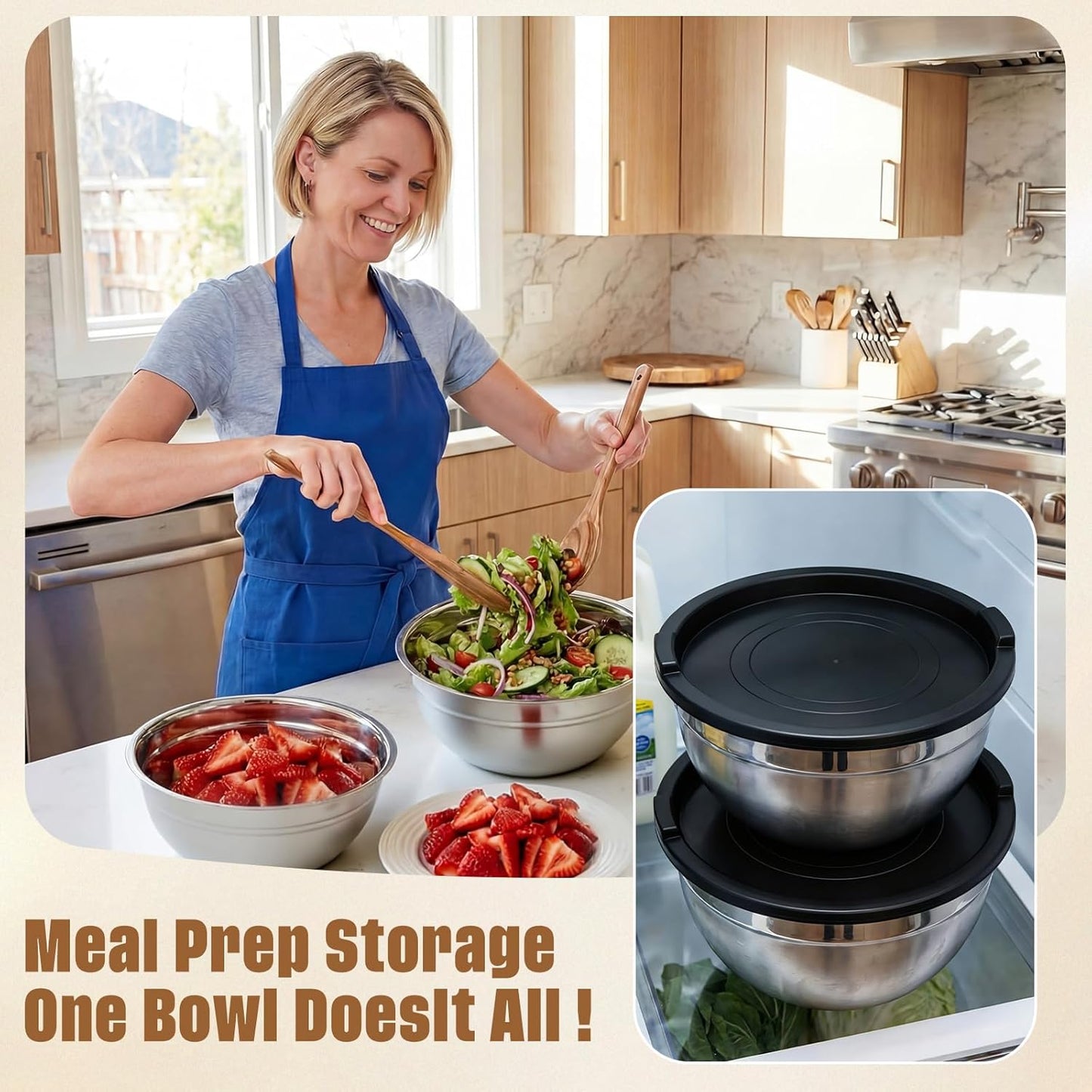 Geetery 6 Pack Stainless Steel Mixing Bowls with Airtight Lids 3qt Metal Mixing Bowl Thicker Stainless Steel Salad Bowls for Food Prep, Baking, Storage, Cooking, Serving Dishwasher Safe (White Lid)