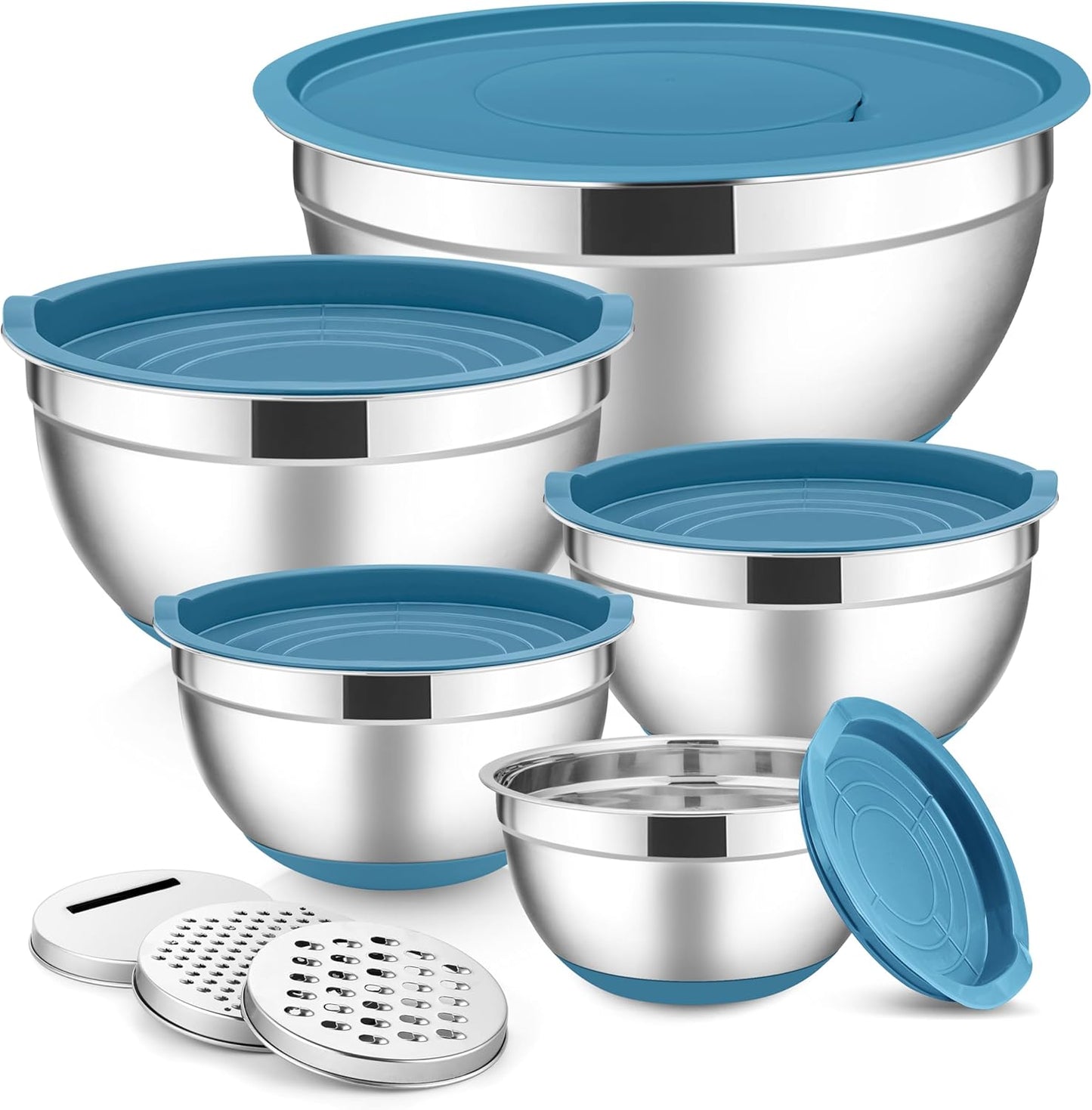 E-far Stainless Steel Mixing Bowls with Lids Set, 5-Piece Nesting Salad Bowls with 3 Grater Attachments and Non-Slip Bottoms, Size 4.6, 2.6, 2, 1.5, 1QT for Kitchen (Black)