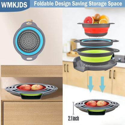 Collapsible Colanders Food Strainers, 3-Pack Foldable Kitchen Strainers with Over-Sink Water Draining Tray, Space Saving Kitchen Drainer for Vegetables, Fruit, Pasta and Rice (White-Gray)