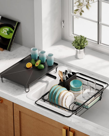Sakugi Dish Drying Rack in Sink - Expandable Stainless Steel Dish Rack Over the Sink, Kitchen Sink Drain Strainer with Cutlery Holder & Cup Holders, 15.4 x 9.8 x 3.0 Inch, Silver