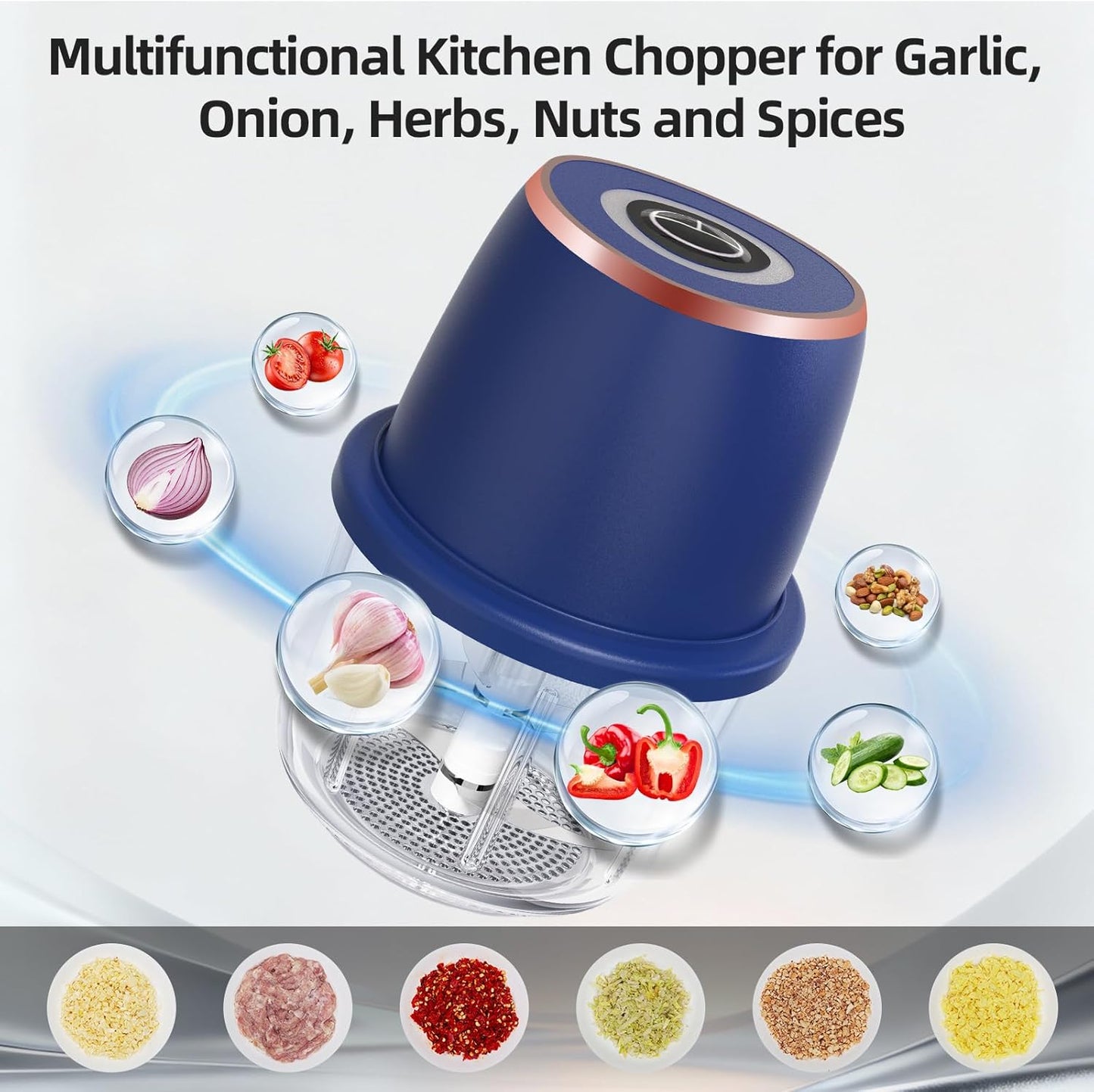 Electric Garlic Chopper, Mini Food Processor & Vegetable Chopper, 350ml Portable Cordless USB Rechargeable Garlic Chopper, Mini Chopper for Onion, Herb, Nut, Easy to Clean Glass Container（Blue）